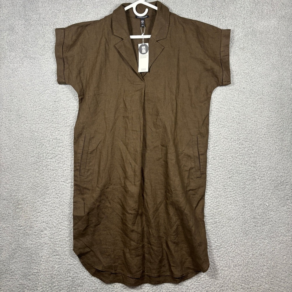 Eileen Fisher Dress Womens S Brown Notch Collar Organic Linen S5RII-D5385M NWT